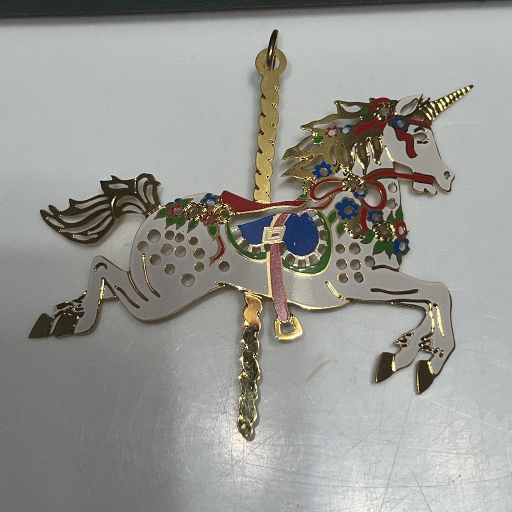 Reed & Barton Colors of Christmas Ornament-Carousel Unicorn-24kGold Plate Enamel